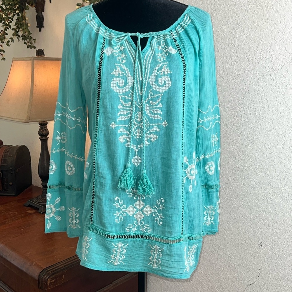 Monoreno | Cotton Gauze Cross-stitch Ladder Lace Tunic Top | Size Medium